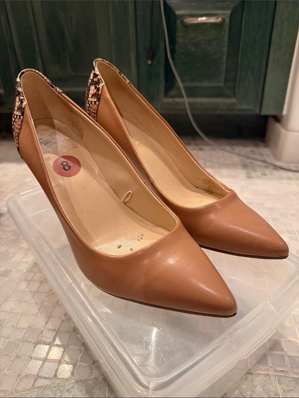 Marc Fisher Tan Pumps with Snakeskin Heel Accent - Picture 2 of 9